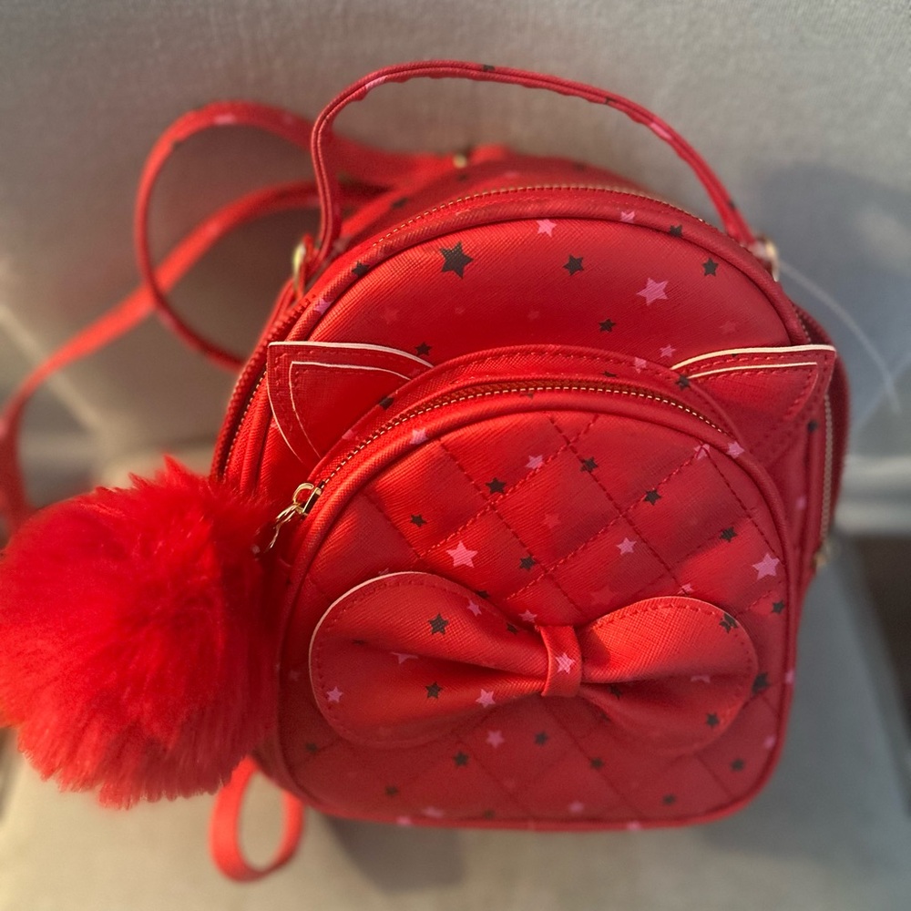 Red Kitten Star Quilted Mini Backpack with Bow Accent